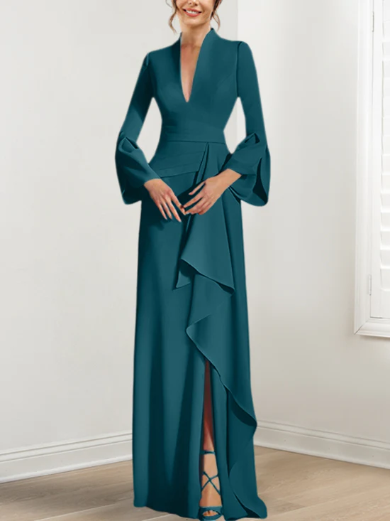 Sheath/Column V-Neck Long Sleeves Floor-Length Mother of the Bride Dresses With Split Side - Image 12