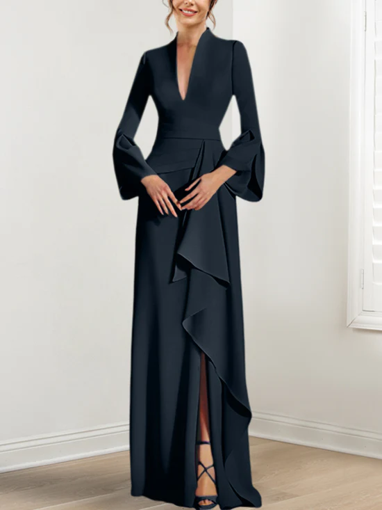 Sheath/Column V-Neck Long Sleeves Floor-Length Mother of the Bride Dresses With Split Side - Image 18