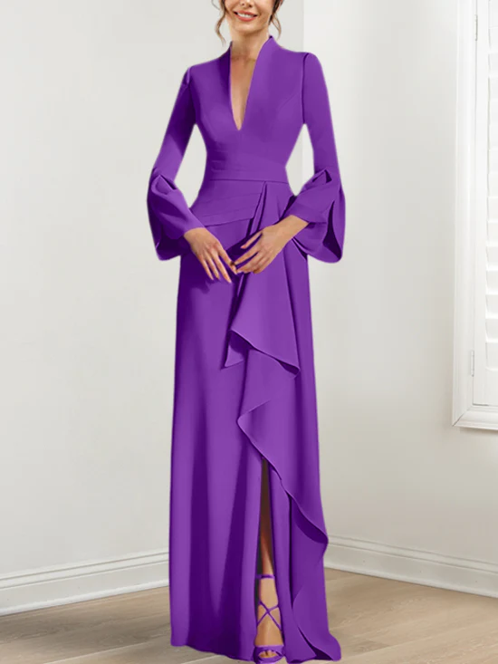 Sheath/Column V-Neck Long Sleeves Floor-Length Mother of the Bride Dresses With Split Side - Image 44