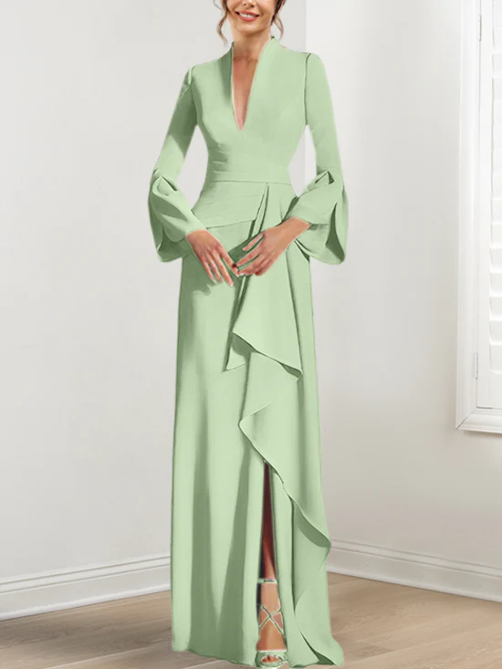 Sheath/Column V-Neck Long Sleeves Floor-Length Mother of the Bride Dresses With Split Side - Image 46