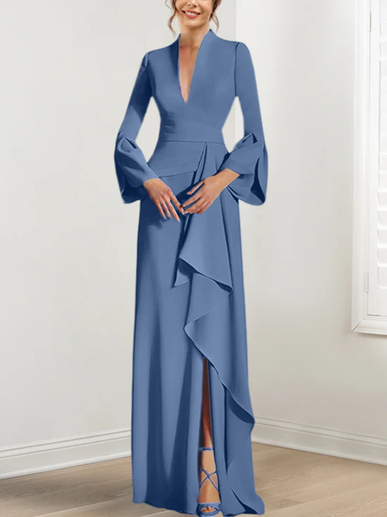 Sheath/Column V-Neck Long Sleeves Floor-Length Mother of the Bride Dresses With Split Side - Image 51