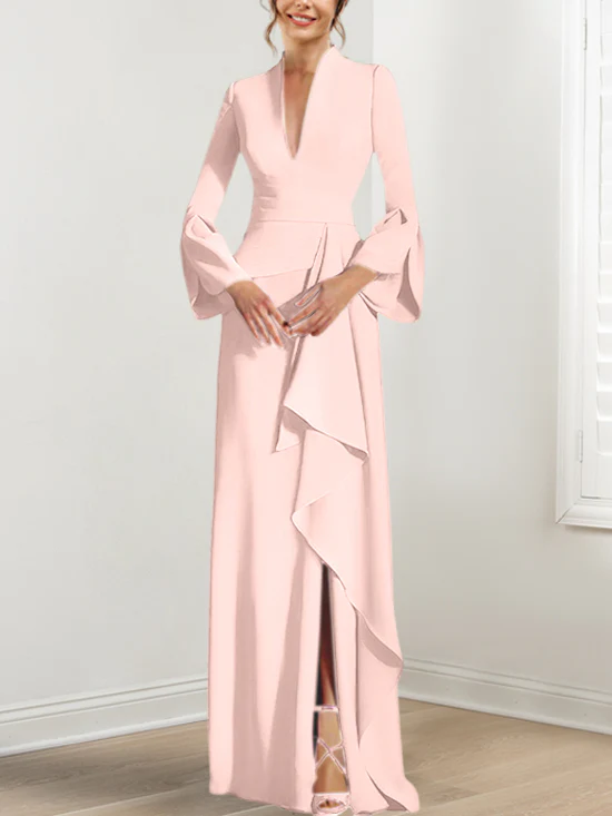 Sheath/Column V-Neck Long Sleeves Floor-Length Mother of the Bride Dresses With Split Side - Image 9