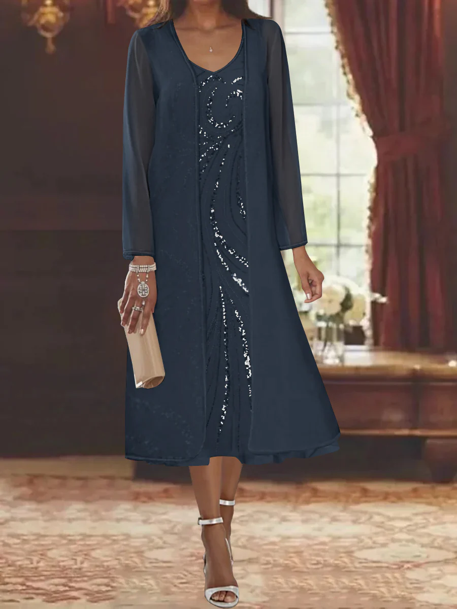 Sheath/Column V-Neck Long Sleeves Tea-Length Mother of the Bride Dresses with Jacket & Sequins Beading - Image 15
