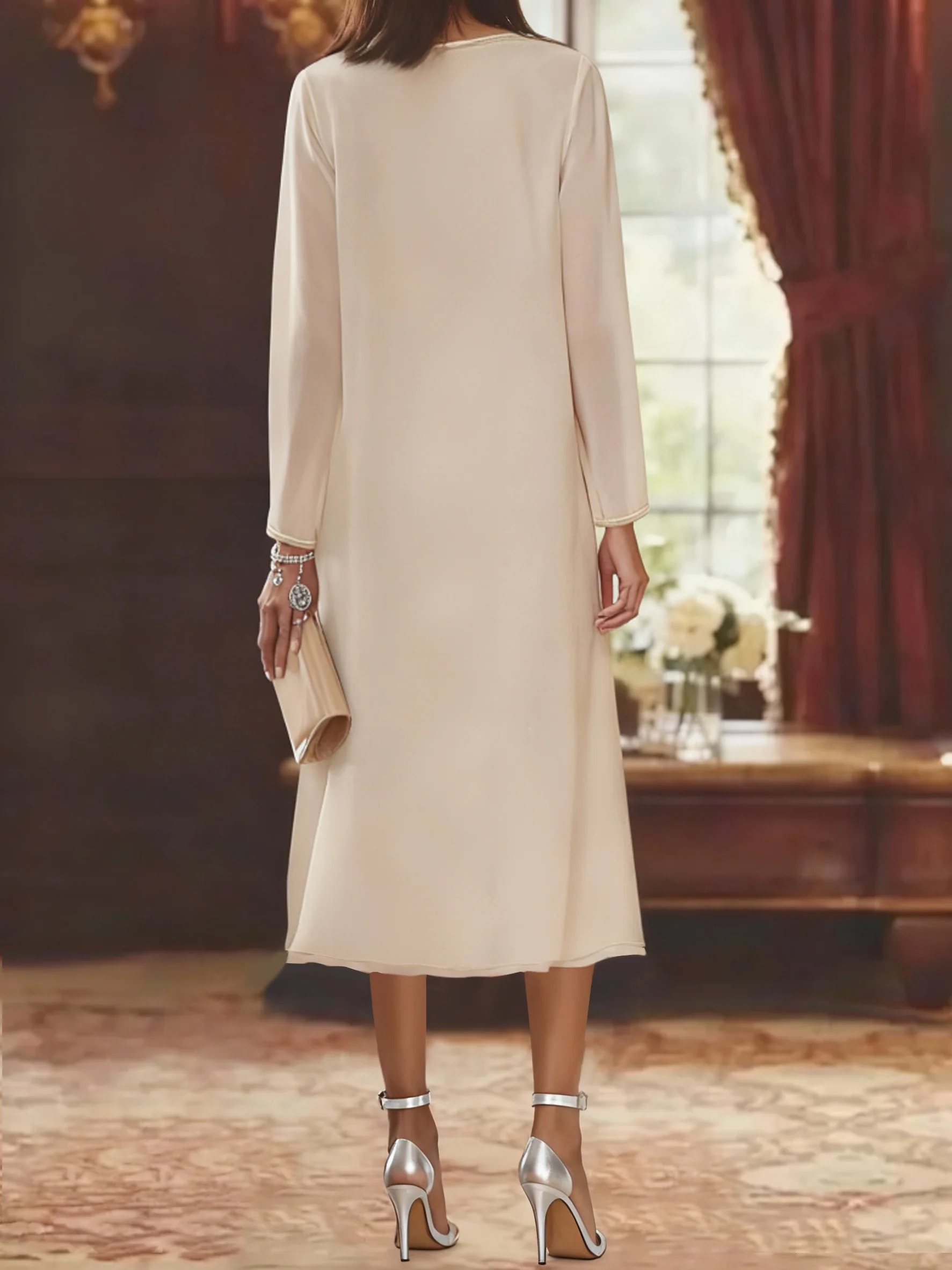 Sheath/Column V-Neck Long Sleeves Tea-Length Mother of the Bride Dresses with Jacket & Sequins Beading - Image 2
