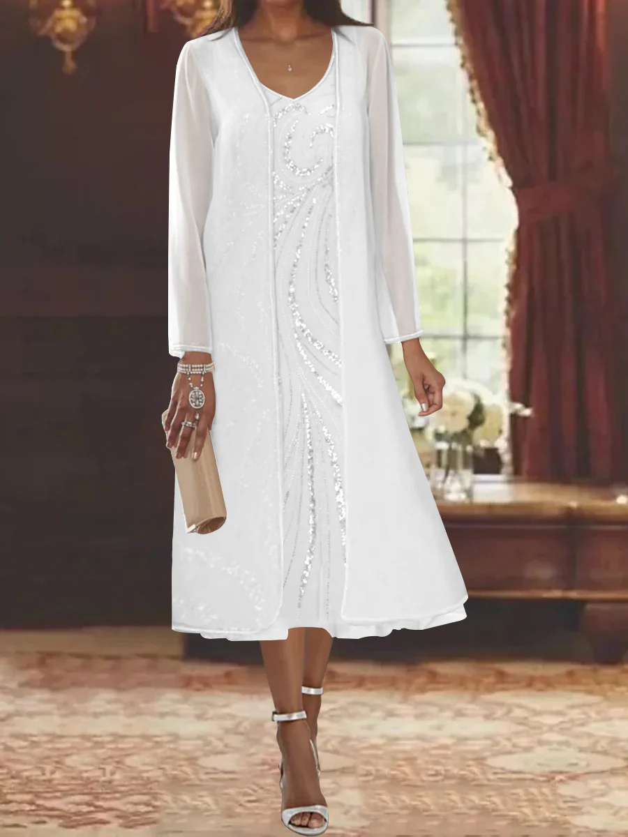 Sheath/Column V-Neck Long Sleeves Tea-Length Mother of the Bride Dresses with Jacket & Sequins Beading - Image 30