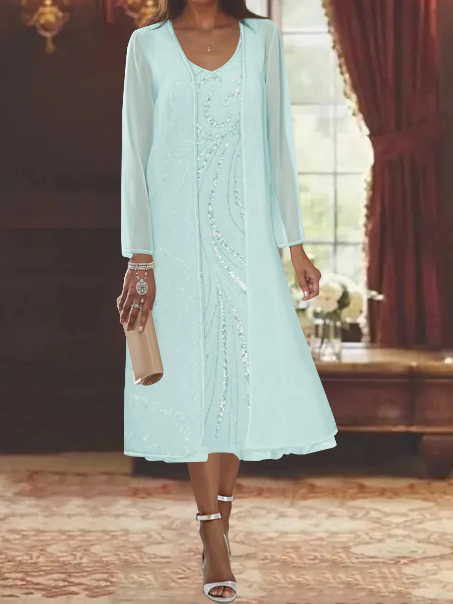 Sheath/Column V-Neck Long Sleeves Tea-Length Mother of the Bride Dresses with Jacket & Sequins Beading - Image 45