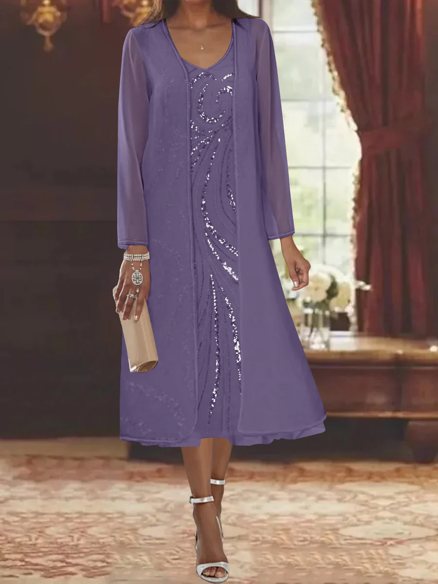Sheath/Column V-Neck Long Sleeves Tea-Length Mother of the Bride Dresses with Jacket & Sequins Beading - Image 47