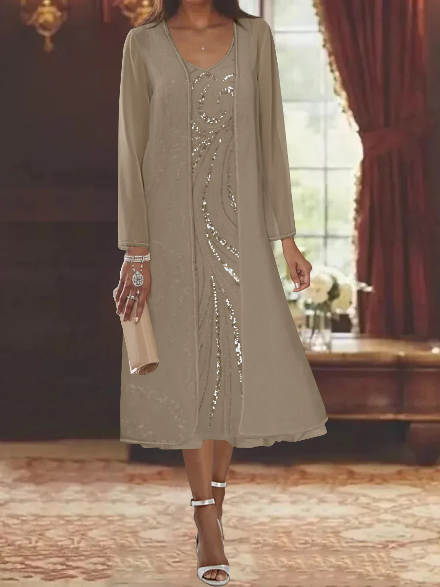Sheath/Column V-Neck Long Sleeves Tea-Length Mother of the Bride Dresses with Jacket & Sequins Beading - Image 48