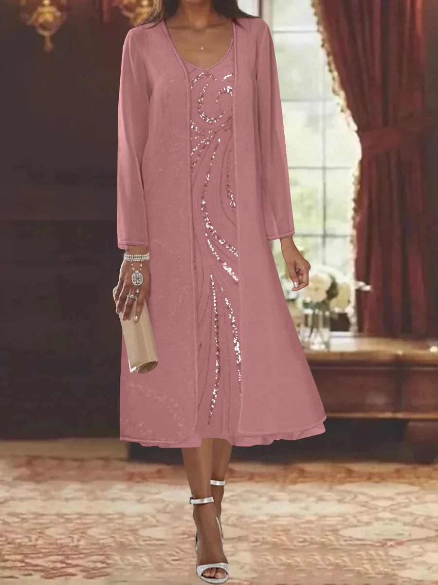 Sheath/Column V-Neck Long Sleeves Tea-Length Mother of the Bride Dresses with Jacket & Sequins Beading - Image 55