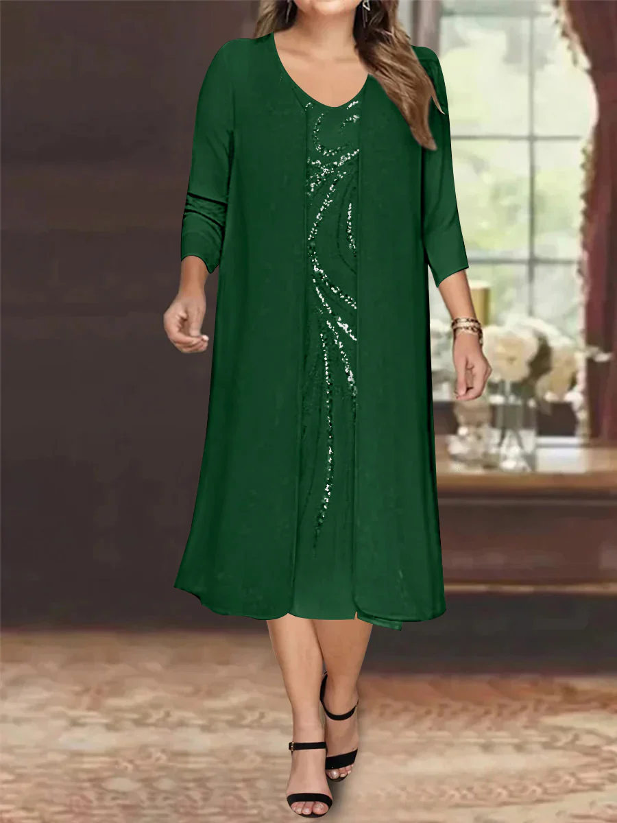Sheath/Column V-Neck Long Sleeves Tea-Length Plus Size Mother of the Bride Dresses with Jacket & Sequins Beading - Image 11