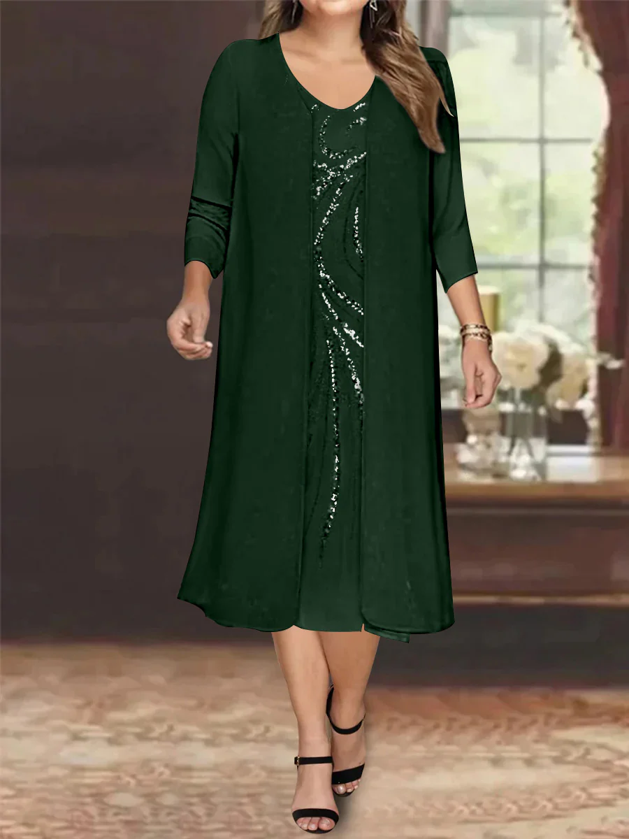 Sheath/Column V-Neck Long Sleeves Tea-Length Plus Size Mother of the Bride Dresses with Jacket & Sequins Beading - Image 18