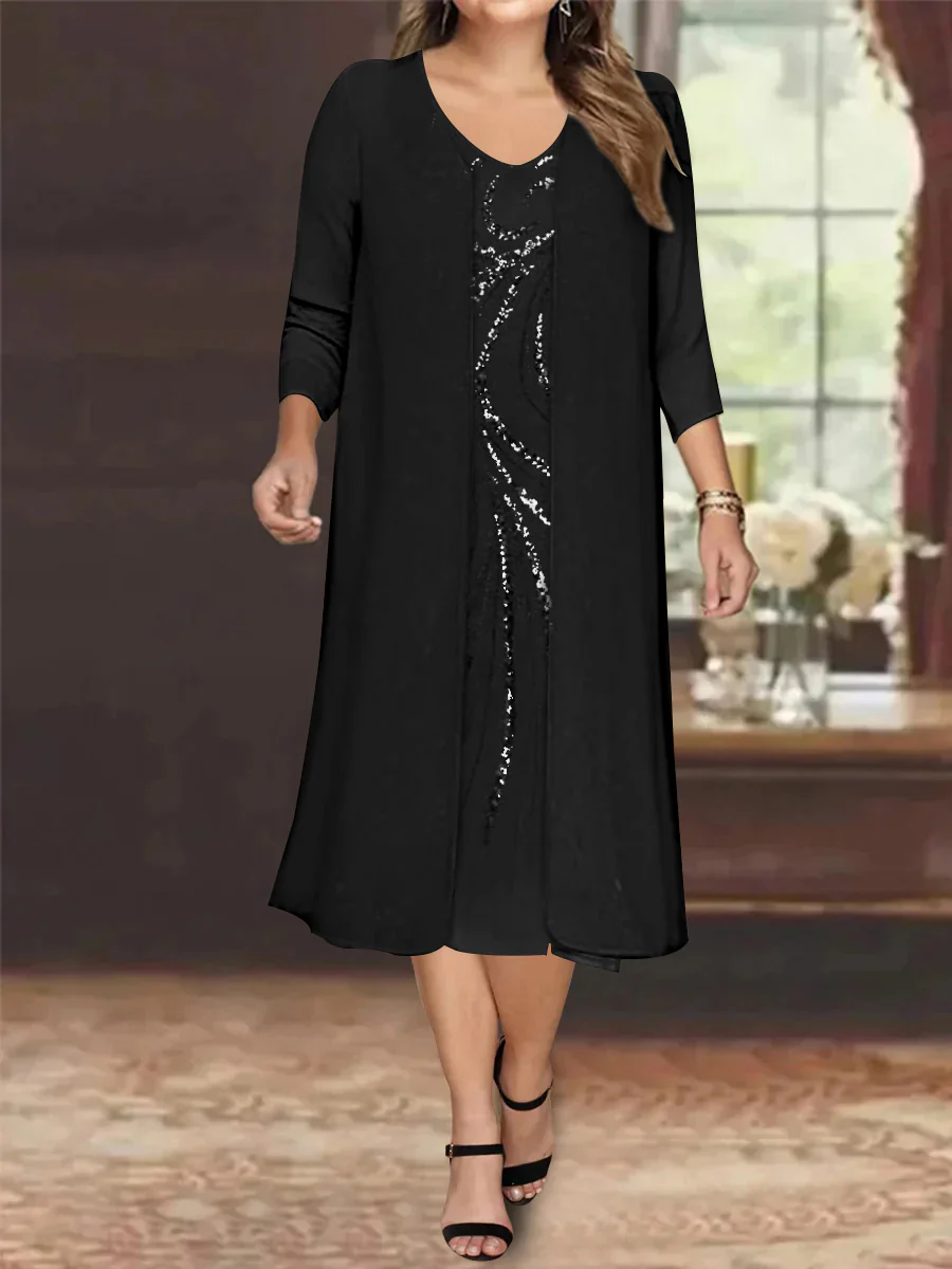 Sheath/Column V-Neck Long Sleeves Tea-Length Plus Size Mother of the Bride Dresses with Jacket & Sequins Beading - Image 2