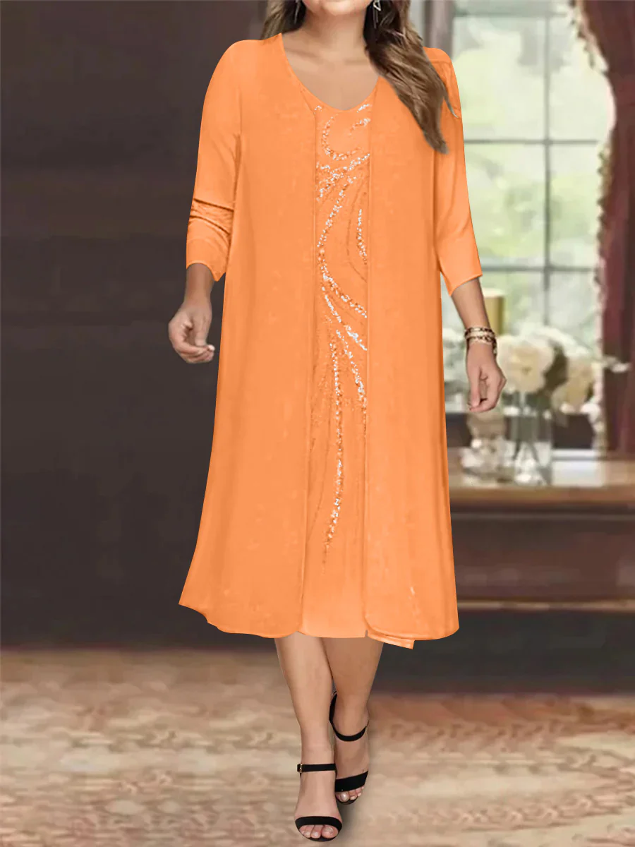 Sheath/Column V-Neck Long Sleeves Tea-Length Plus Size Mother of the Bride Dresses with Jacket & Sequins Beading - Image 25
