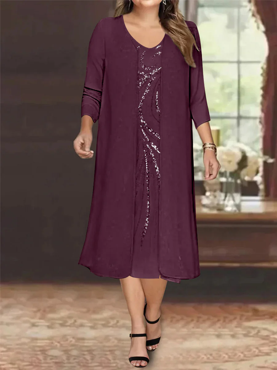 Sheath/Column V-Neck Long Sleeves Tea-Length Plus Size Mother of the Bride Dresses with Jacket & Sequins Beading - Image 27