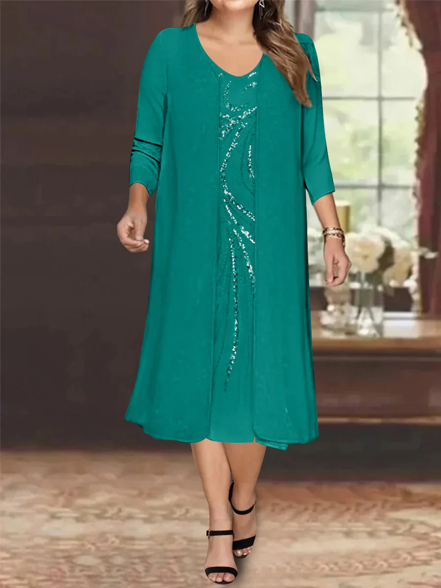Sheath/Column V-Neck Long Sleeves Tea-Length Plus Size Mother of the Bride Dresses with Jacket & Sequins Beading - Image 28