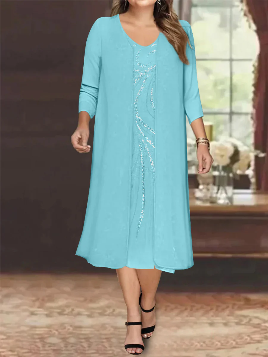 Sheath/Column V-Neck Long Sleeves Tea-Length Plus Size Mother of the Bride Dresses with Jacket & Sequins Beading - Image 3