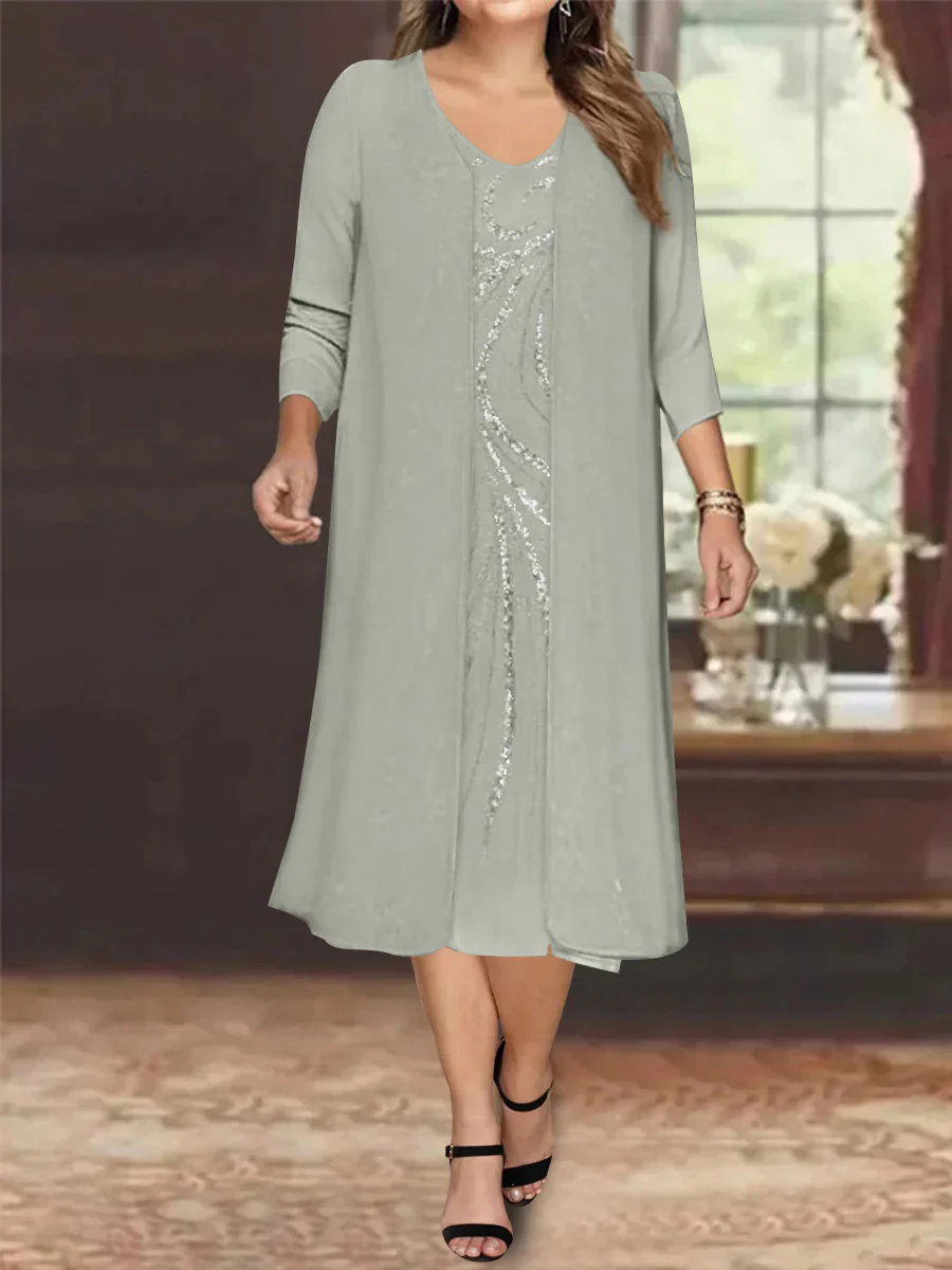 Sheath/Column V-Neck Long Sleeves Tea-Length Plus Size Mother of the Bride Dresses with Jacket & Sequins Beading - Image 31