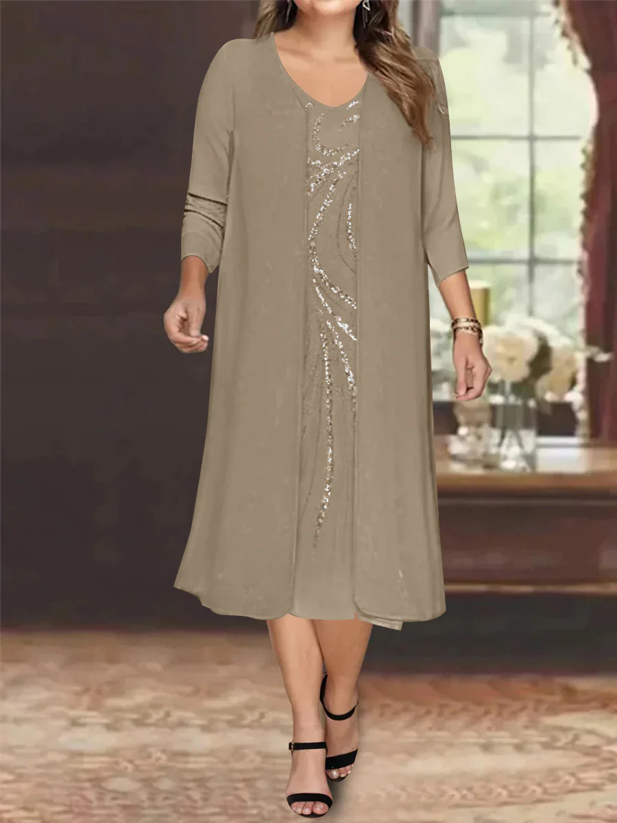 Sheath/Column V-Neck Long Sleeves Tea-Length Plus Size Mother of the Bride Dresses with Jacket & Sequins Beading - Image 33