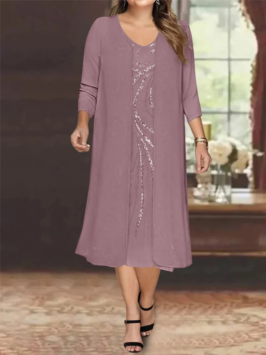 Sheath/Column V-Neck Long Sleeves Tea-Length Plus Size Mother of the Bride Dresses with Jacket & Sequins Beading - Image 37