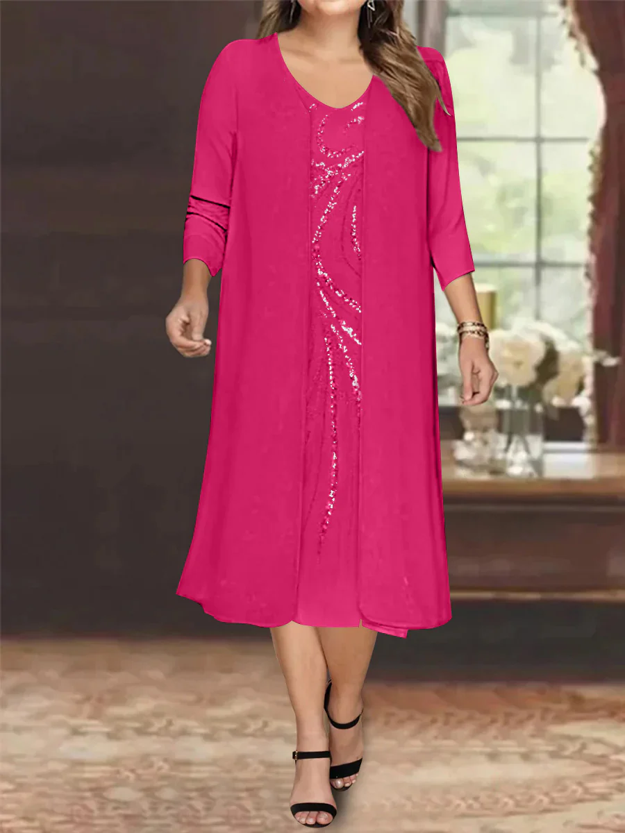 Sheath/Column V-Neck Long Sleeves Tea-Length Plus Size Mother of the Bride Dresses with Jacket & Sequins Beading - Image 41