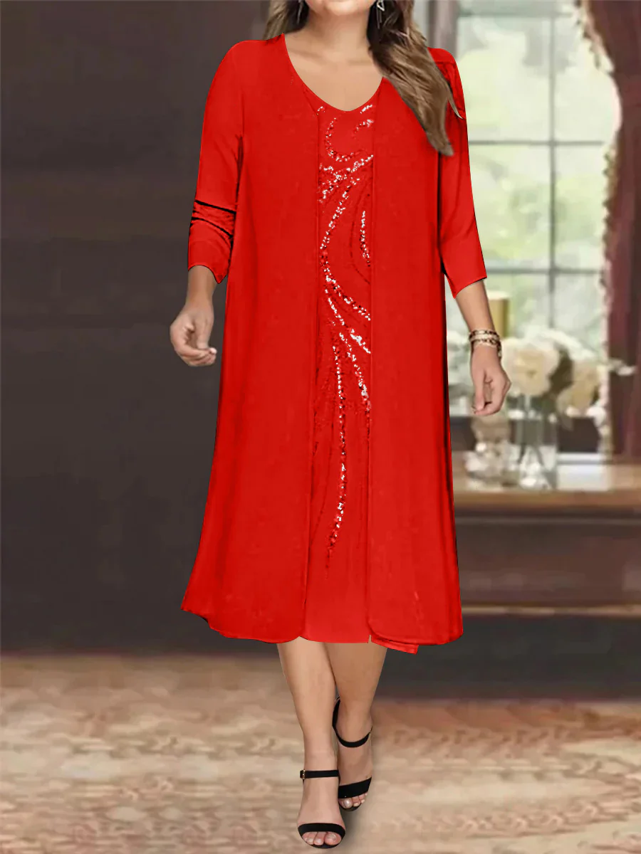 Sheath/Column V-Neck Long Sleeves Tea-Length Plus Size Mother of the Bride Dresses with Jacket & Sequins Beading - Image 47