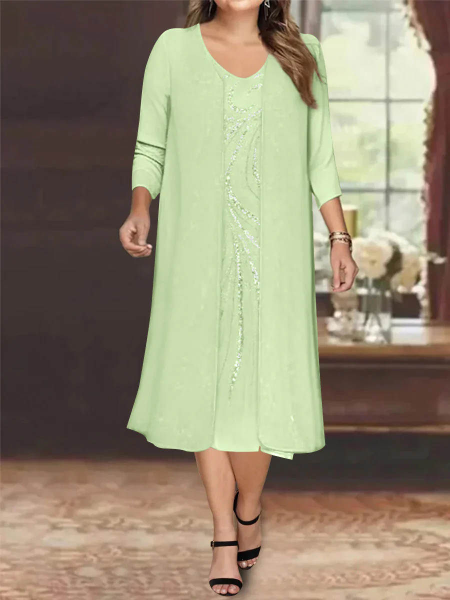 Sheath/Column V-Neck Long Sleeves Tea-Length Plus Size Mother of the Bride Dresses with Jacket & Sequins Beading - Image 6