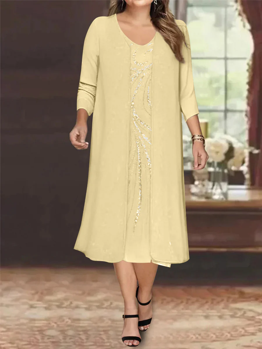 Sheath/Column V-Neck Long Sleeves Tea-Length Plus Size Mother of the Bride Dresses with Jacket & Sequins Beading - Image 7