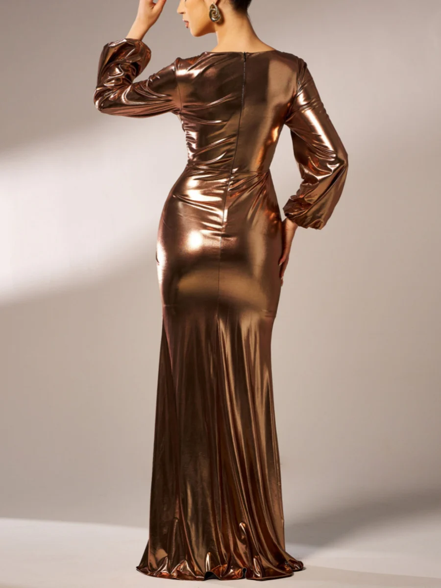 Sheath/Column V-Neck Metallic Prom Dresses Floor-Length Long Sleeves Formal Dresses Split Side - Image 2