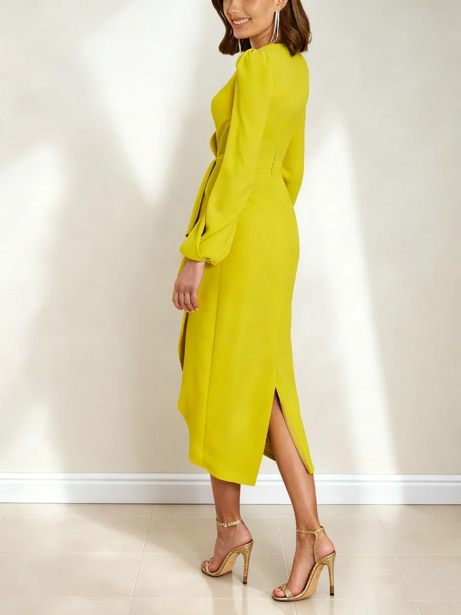 Sheath/Column V-Neck Mother of the Bride Dresses Stretch Satin Tea-Length Long Sleeves Ruffles Ruched Cocktail Dress - Image 2