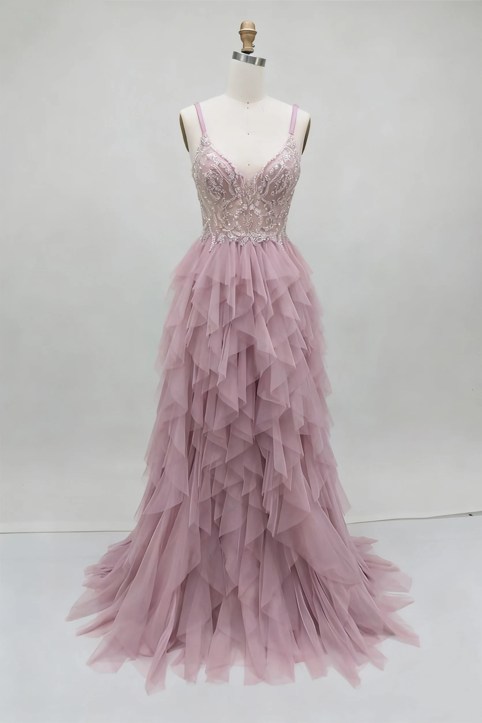 Sheath/Column V-Neck Prom Dresses Lace Sleeveless Sweep Train with Appliques