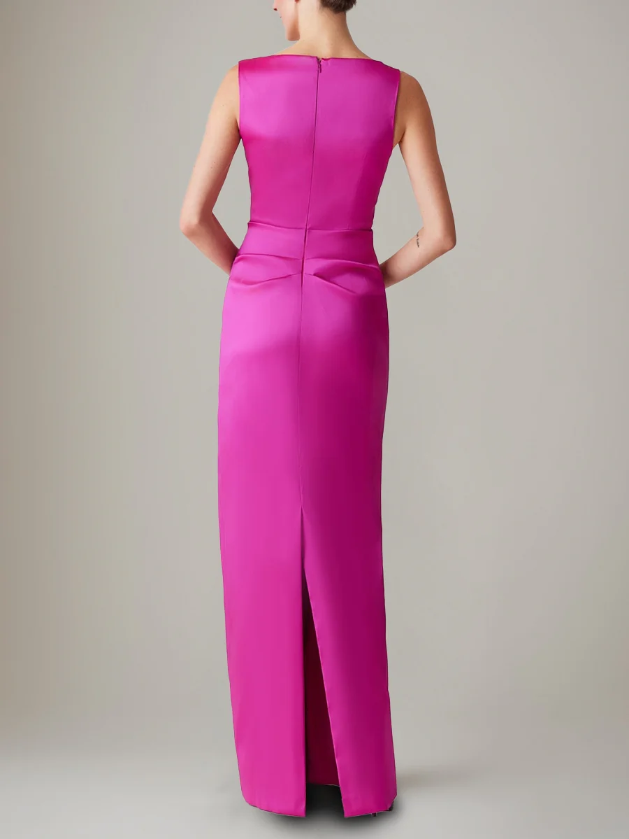 Sheath/Column V-Neck Ruched Evening Dresses Floor-Length Satin Party Dresses - Image 2
