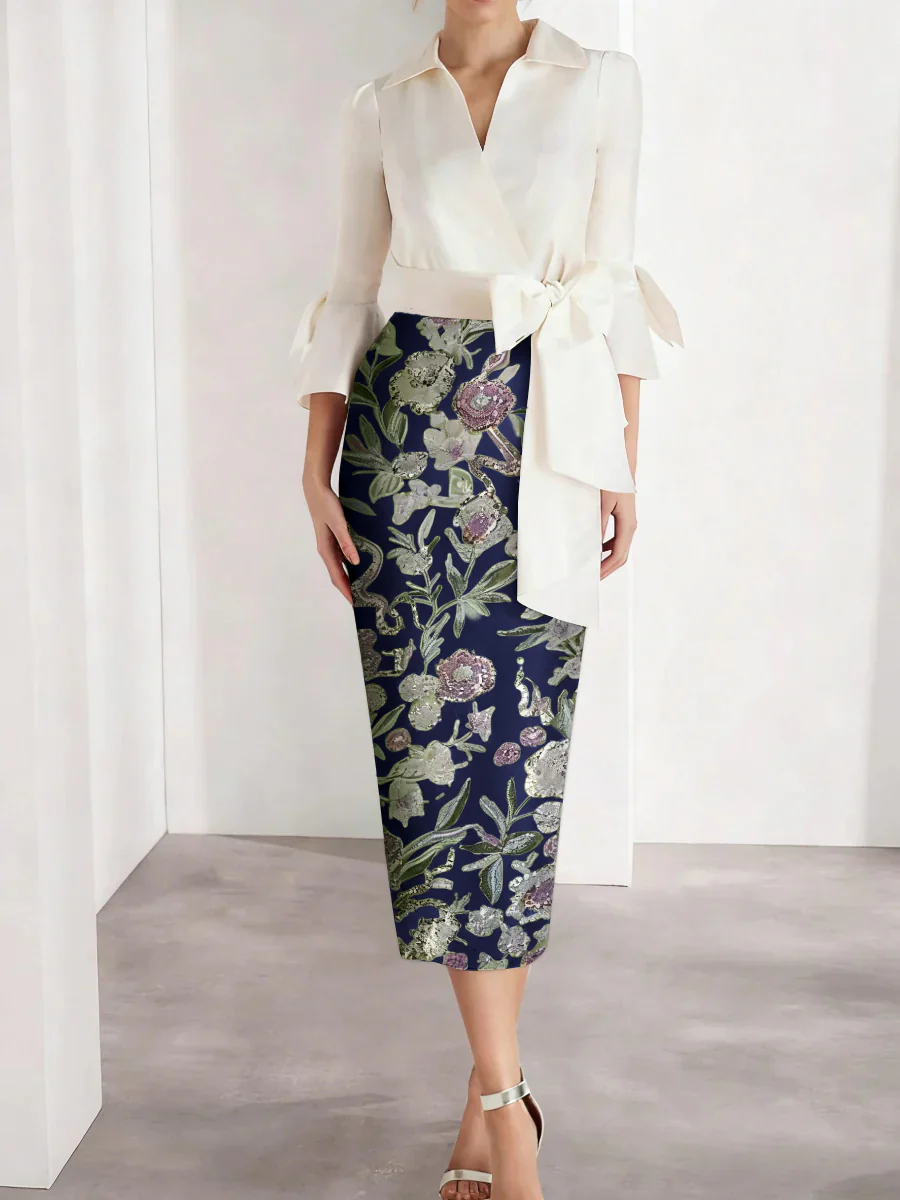 Sheath/Column V-Neck Satin Mother of the Bride Dresses 3/4 Sleeves Shirt Collar Tea-Length Cocktail Dresses - Image 14