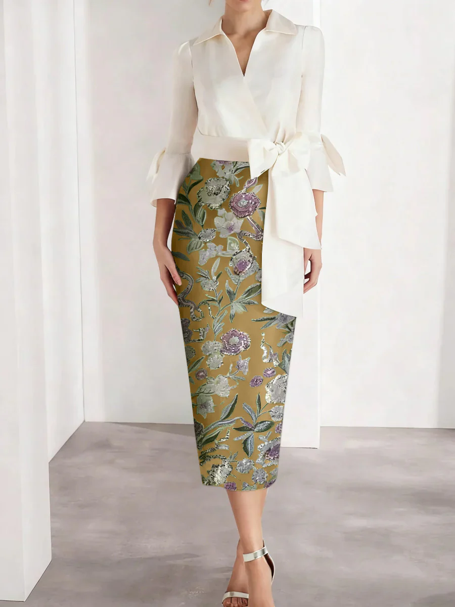 Sheath/Column V-Neck Satin Mother of the Bride Dresses 3/4 Sleeves Shirt Collar Tea-Length Cocktail Dresses - Image 16