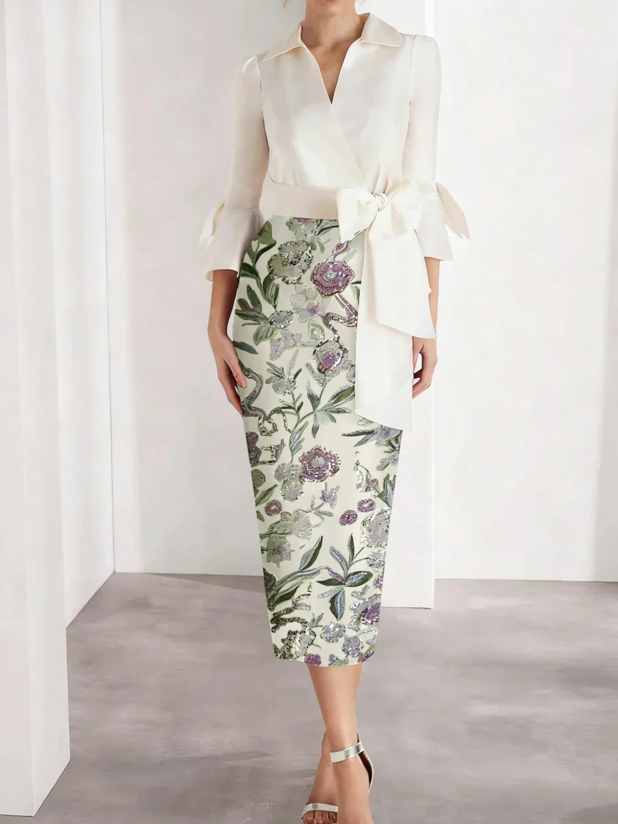 Sheath/Column V-Neck Satin Mother of the Bride Dresses 3/4 Sleeves Shirt Collar Tea-Length Cocktail Dresses - Image 5