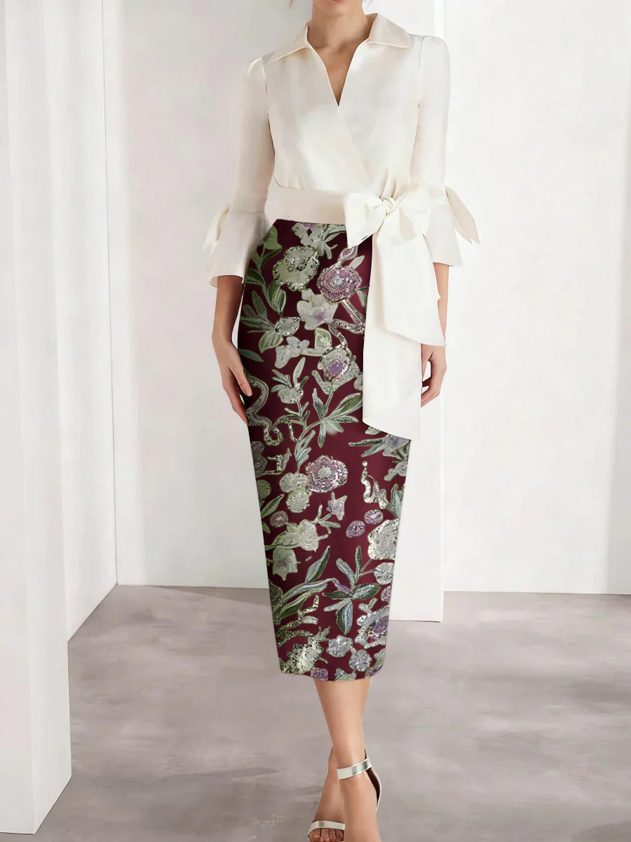 Sheath/Column V-Neck Satin Mother of the Bride Dresses 3/4 Sleeves Shirt Collar Tea-Length Cocktail Dresses - Image 7