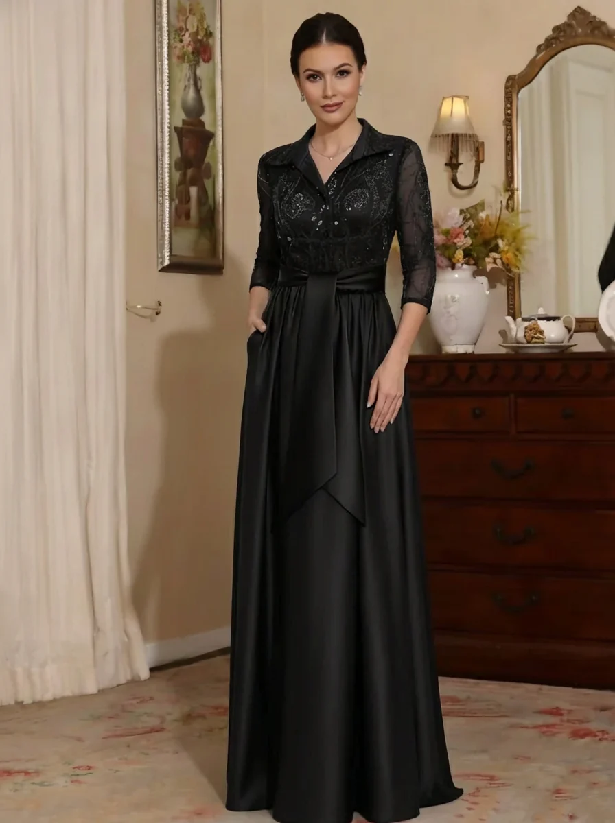 Sheath/Column V-Neck Satin Mother of the Bride Dresses 3/4 Sleeves With Pockets Floor-Length Lace Sequins - Image 4