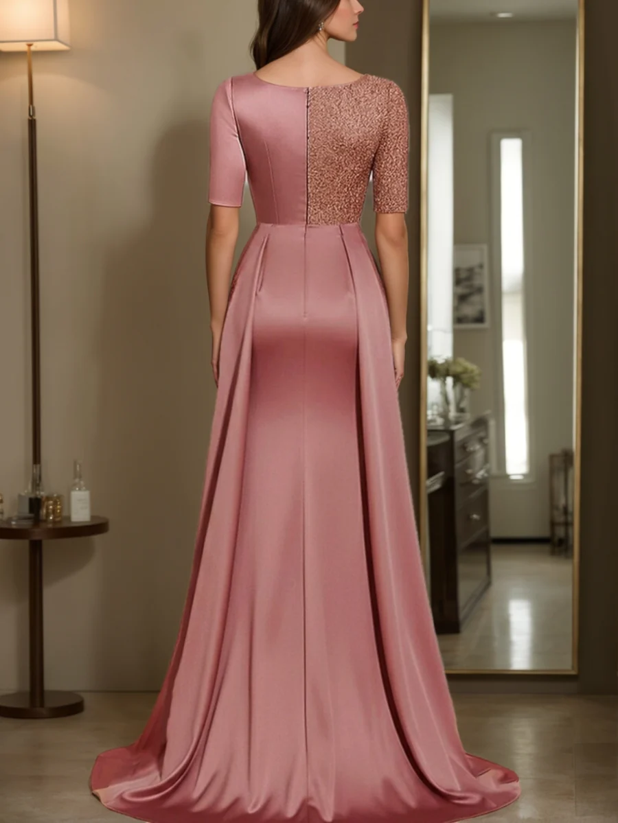 Sheath/Column V-Neck Sequins Mother of the Bride Dresses Satin Half Sleeves Tea-Length Sweep/Brush Train - Image 2