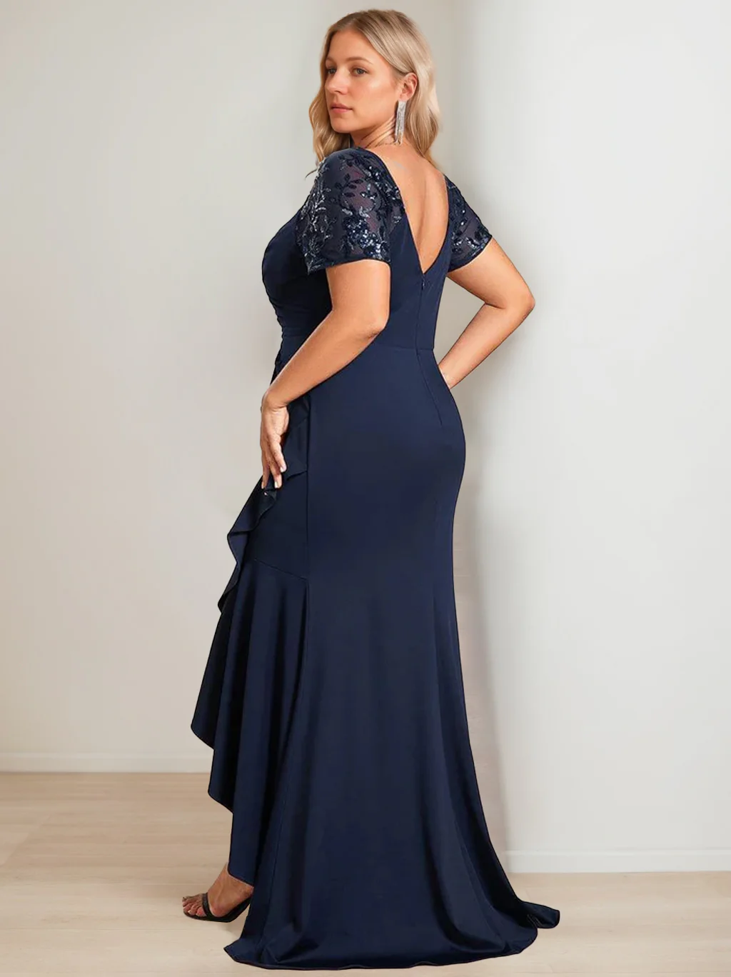 Sheath/Column V-Neck Short Sleeves Asymmetrical Plus Size Mother of the Bride Dresses with Sequins - Image 2