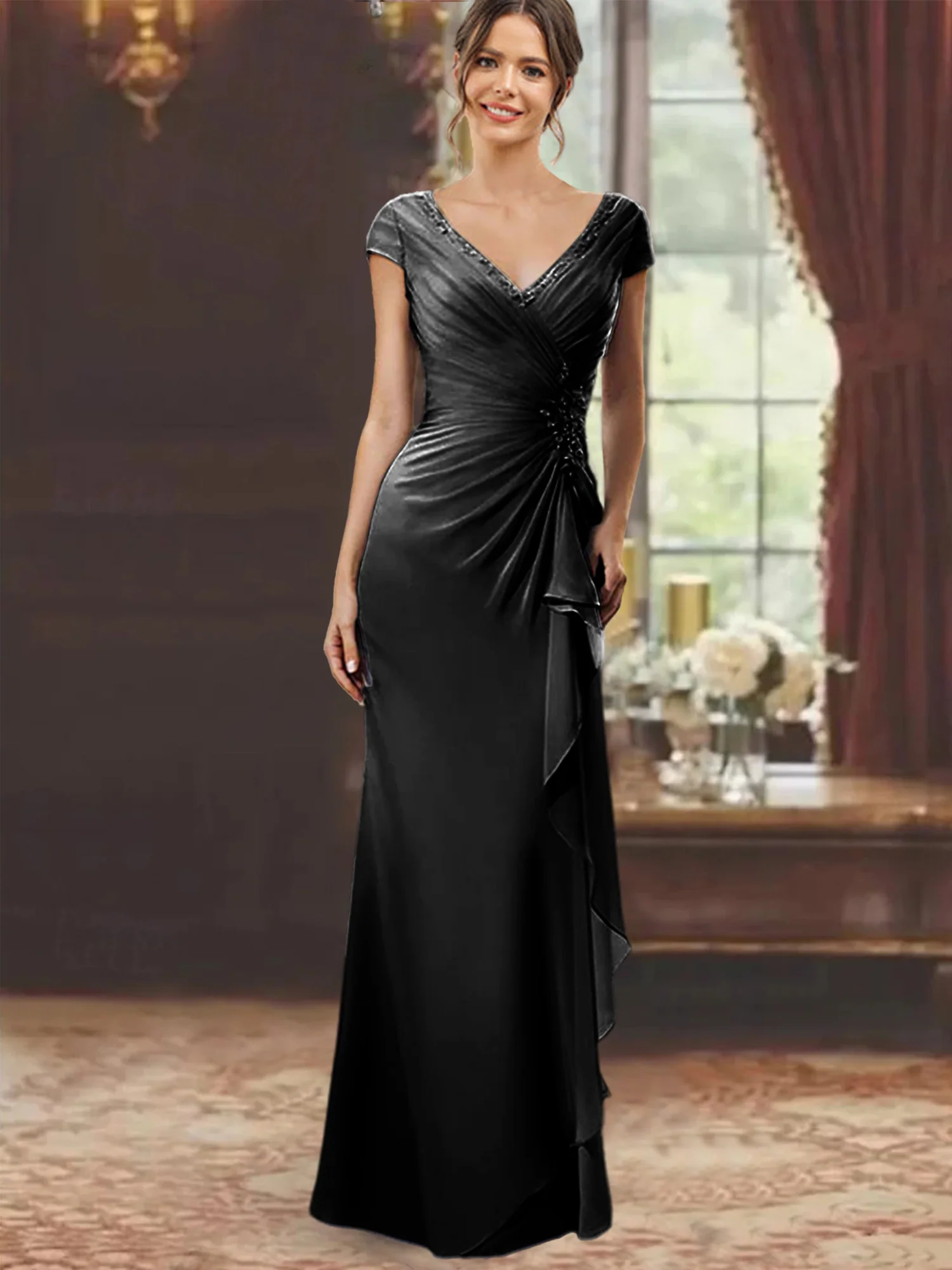 Sheath/Column V-Neck Short Sleeves Floor-Length Mother of the Bride Dresses With Ruffles & Appliques - Image 10
