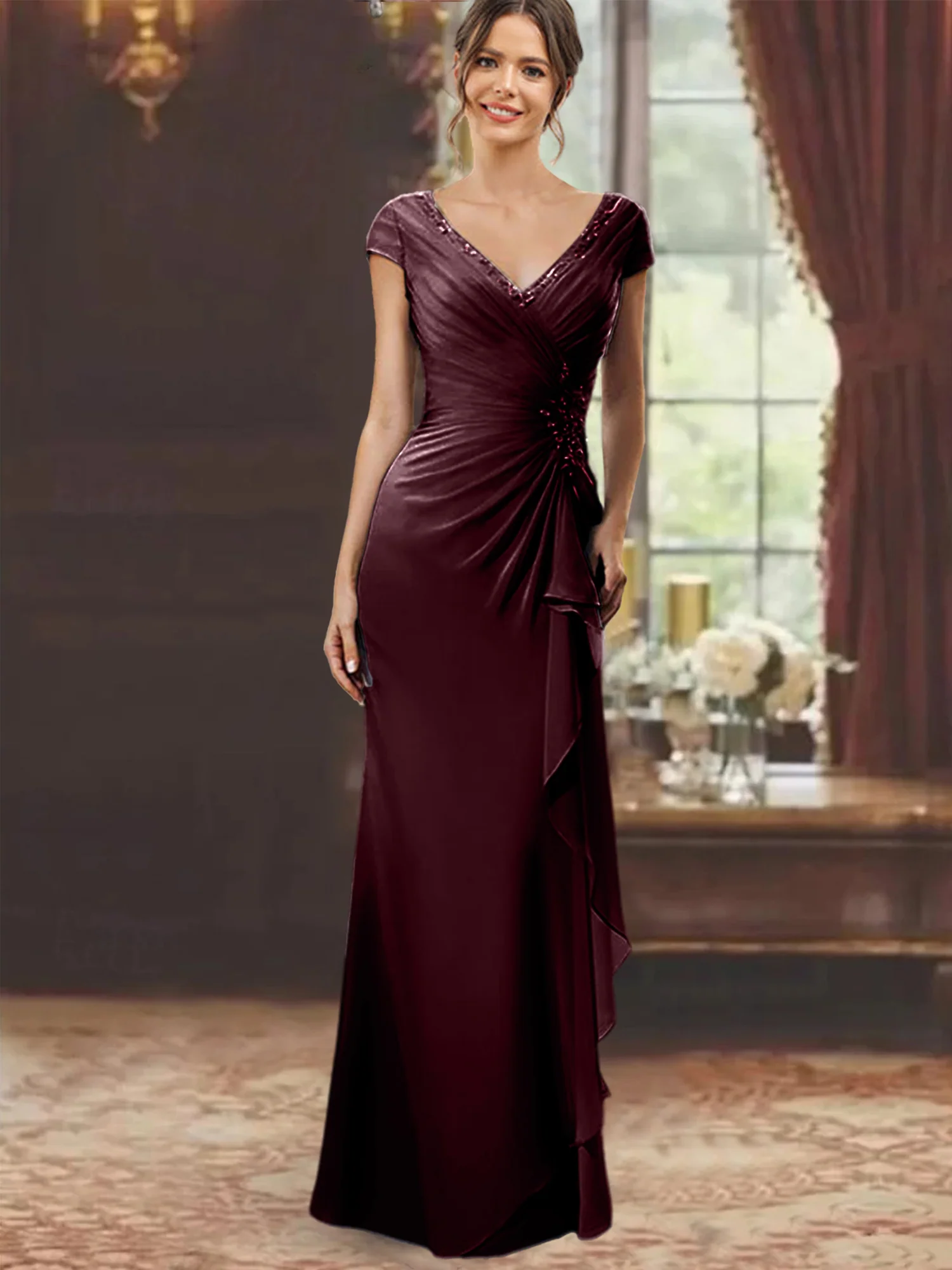 Sheath/Column V-Neck Short Sleeves Floor-Length Mother of the Bride Dresses With Ruffles & Appliques - Image 13