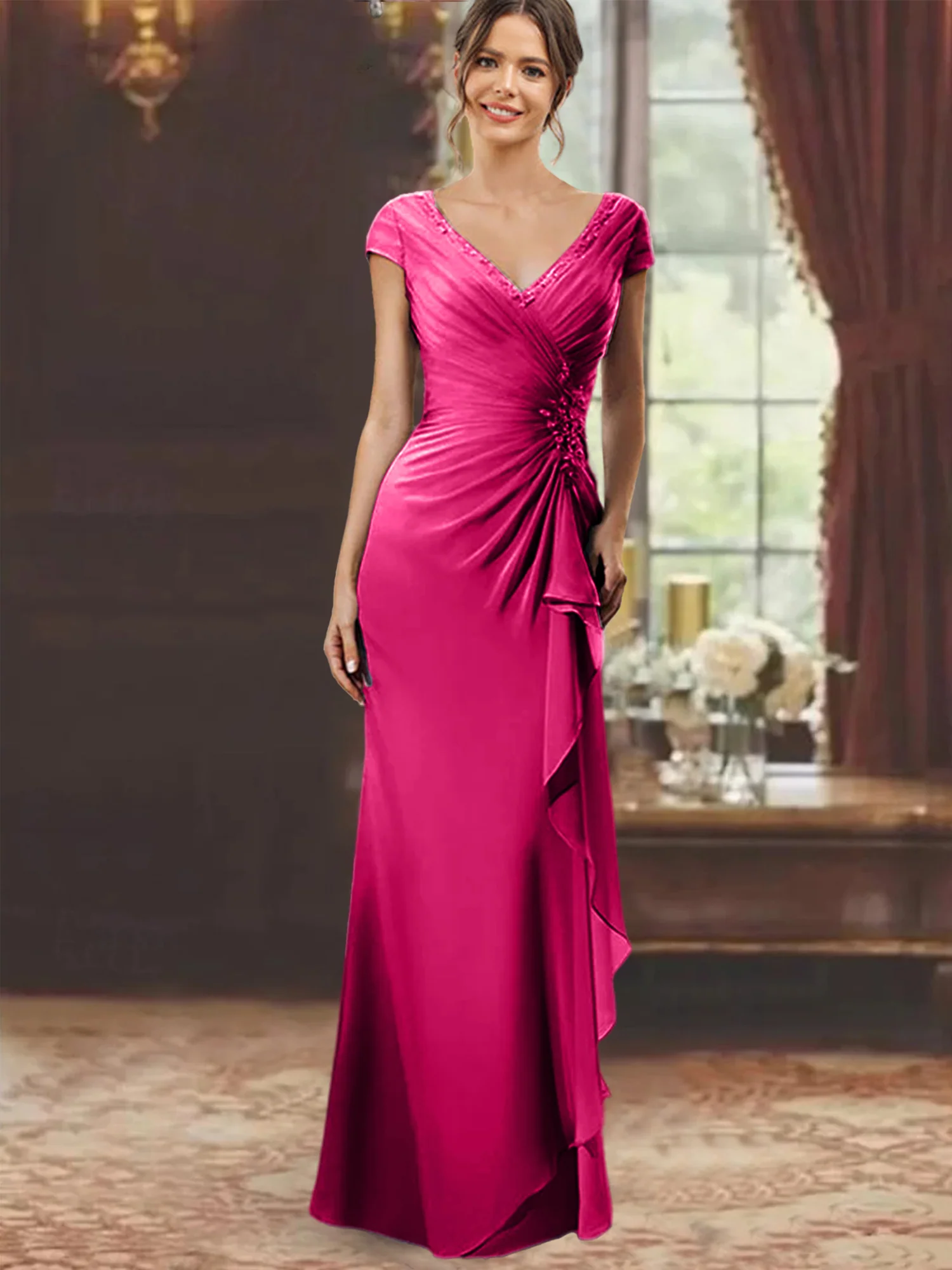 Sheath/Column V-Neck Short Sleeves Floor-Length Mother of the Bride Dresses With Ruffles & Appliques - Image 27