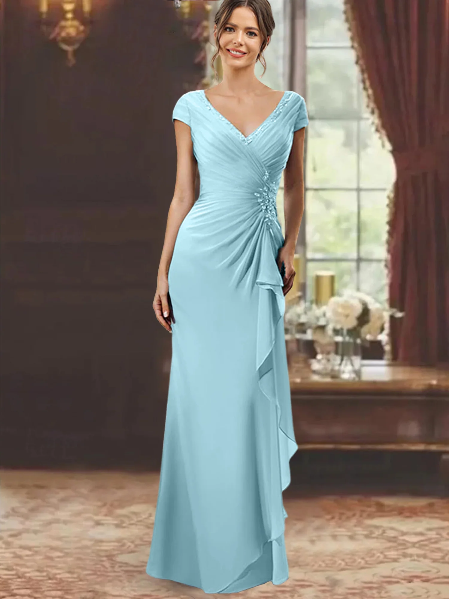 Sheath/Column V-Neck Short Sleeves Floor-Length Mother of the Bride Dresses With Ruffles & Appliques - Image 37