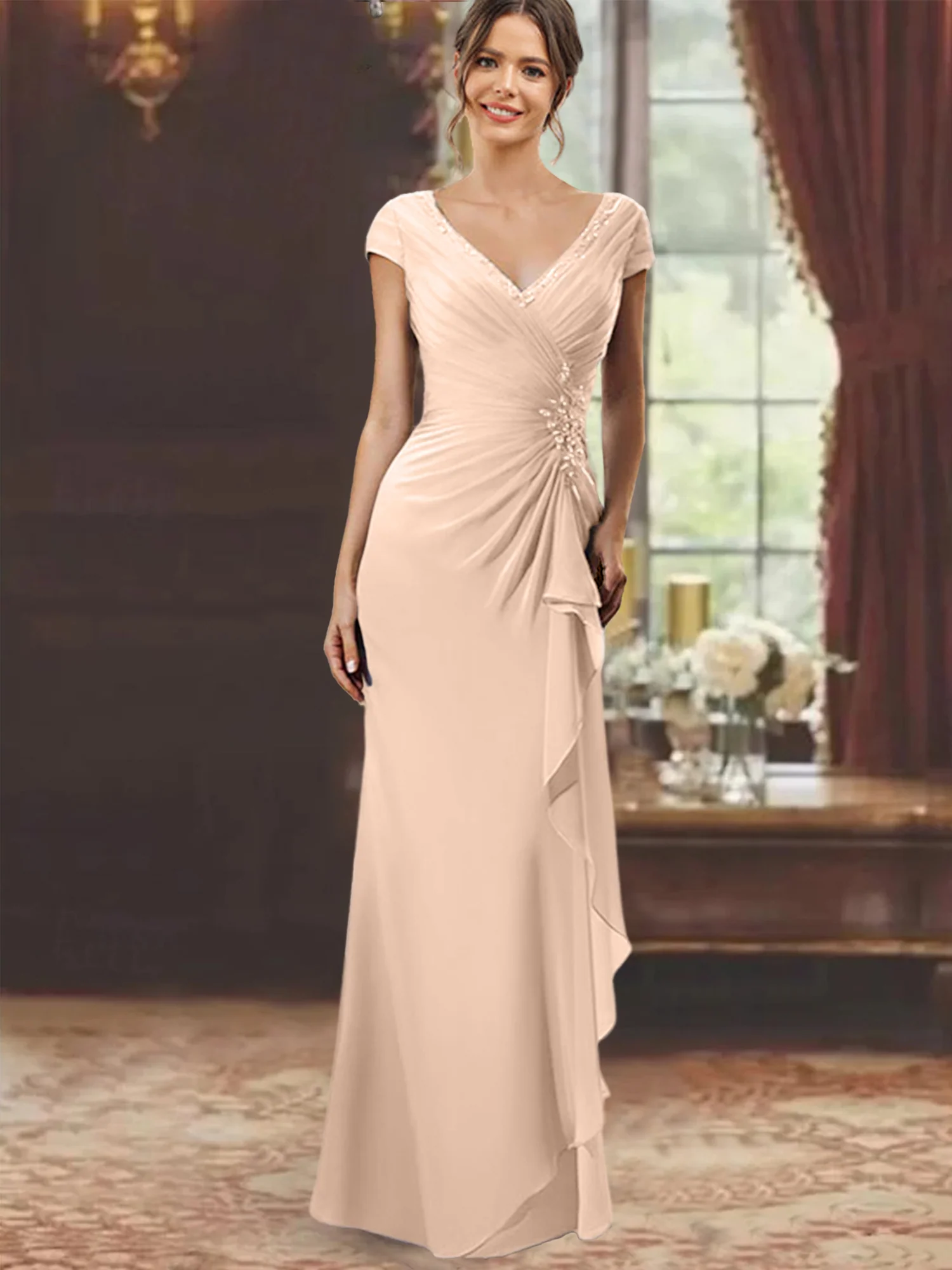 Sheath/Column V-Neck Short Sleeves Floor-Length Mother of the Bride Dresses With Ruffles & Appliques - Image 49