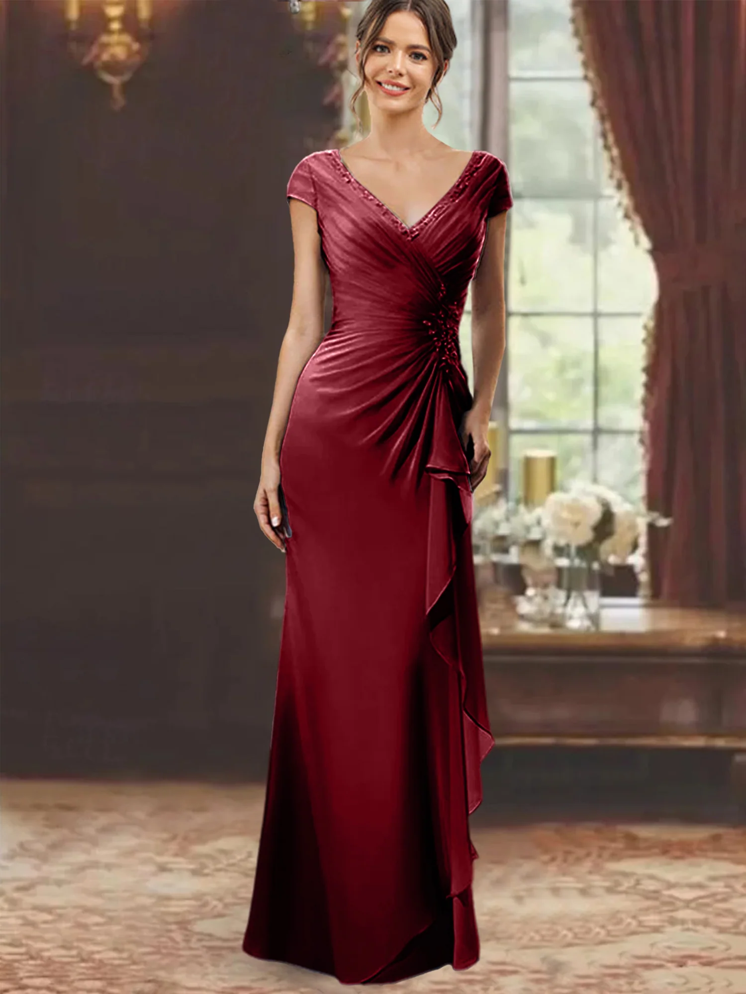 Sheath/Column V-Neck Short Sleeves Floor-Length Mother of the Bride Dresses With Ruffles & Appliques - Image 67