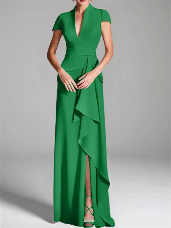 Sheath/Column V-Neck Short Sleeves Floor-Length Mother of the Bride Dresses with Split Side - Image 23