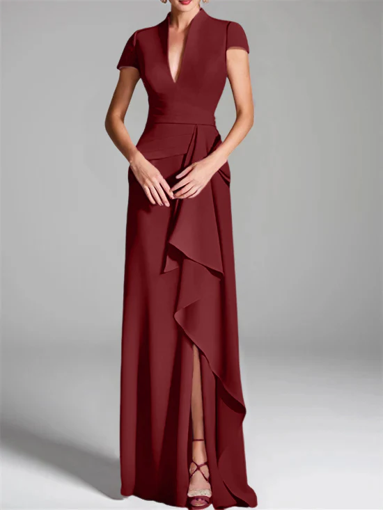 Sheath/Column V-Neck Short Sleeves Floor-Length Mother of the Bride Dresses with Split Side - Image 26