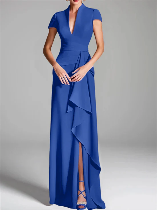 Sheath/Column V-Neck Short Sleeves Floor-Length Mother of the Bride Dresses with Split Side - Image 29