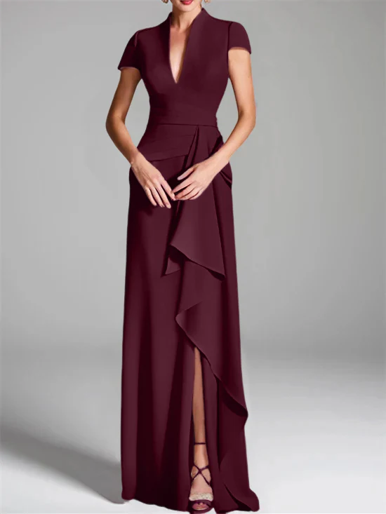 Sheath/Column V-Neck Short Sleeves Floor-Length Mother of the Bride Dresses with Split Side - Image 34
