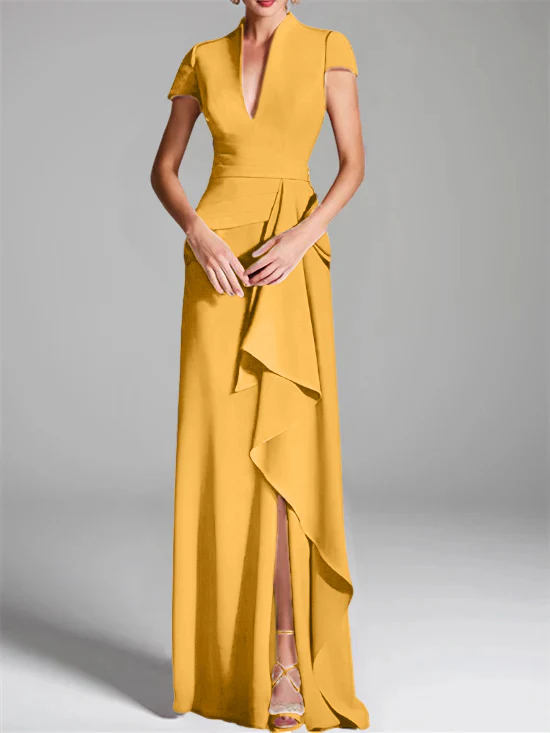 Sheath/Column V-Neck Short Sleeves Floor-Length Mother of the Bride Dresses with Split Side - Image 35