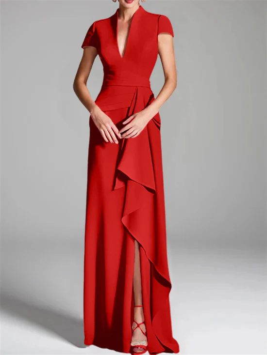 Sheath/Column V-Neck Short Sleeves Floor-Length Mother of the Bride Dresses with Split Side - Image 43